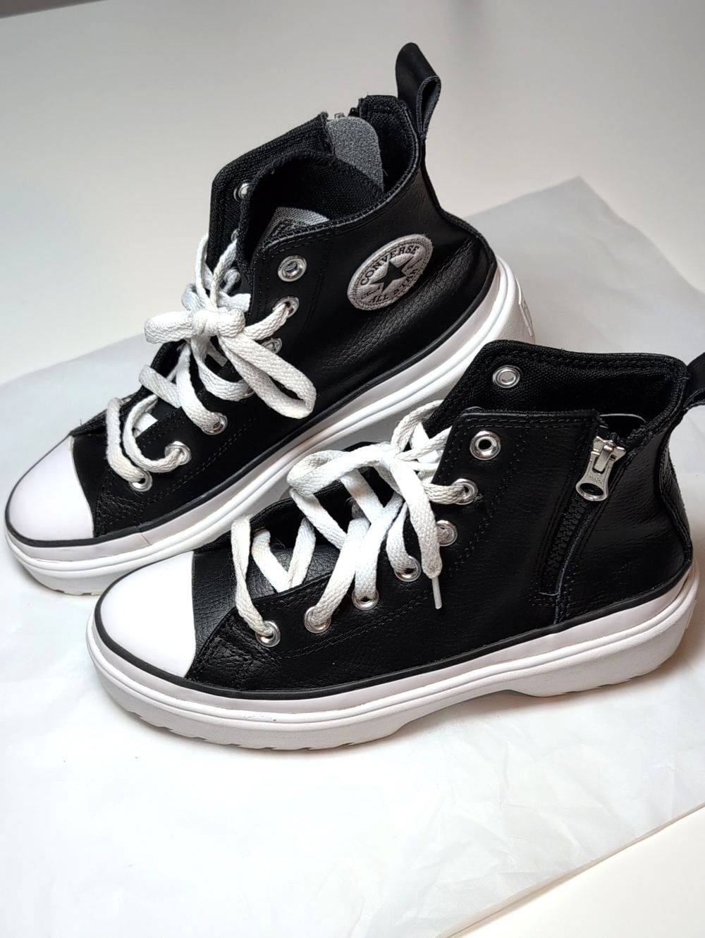 Converse Black Leather and White High-Top Sneakers with Side Zipper
